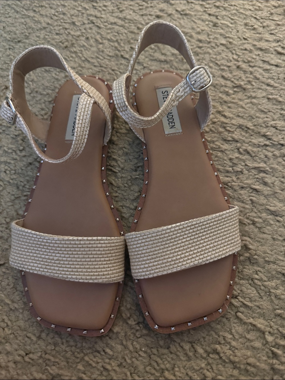 Steve Madden Neutral Beige Woven Strap Studded Flat Sandals